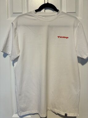 Birddogs white crewneck t-shirt with small logo and floral back graphic